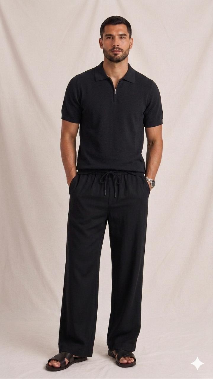 Popcorn Knitted Polo - Black