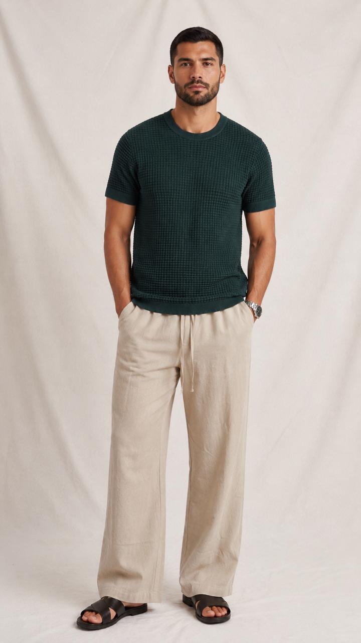 Waffle Knitted Tee - Dark Green